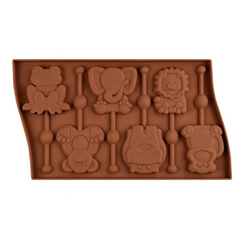 6 Cavity Lion Elephant frog monkey chocolate silicone Lollipop mold SP32501, Niral Industries